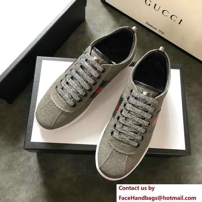 Gucci Web Ace Glitter Leather Low-Top Women's Sneakers 419544 Studs Gray 2018 - Click Image to Close
