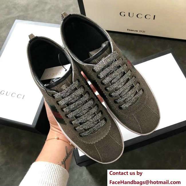 Gucci Web Ace Glitter Leather Low-Top Women's Sneakers 419544 Studs Gray 2018 - Click Image to Close