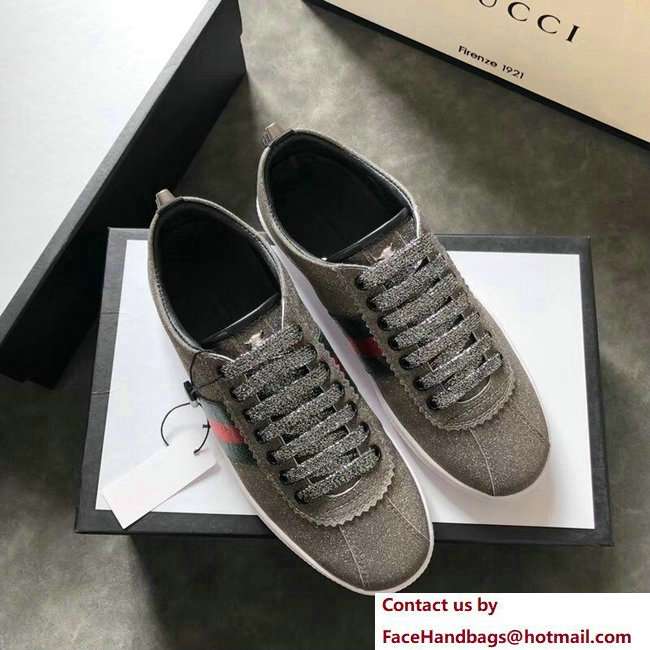 Gucci Web Ace Glitter Leather Low-Top Women's Sneakers 419544 Studs Gray 2018