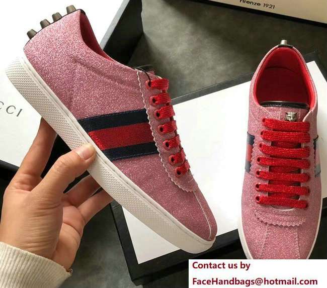 Gucci Web Ace Glitter Leather Low-Top Women's Sneakers 419544 Studs Pink 2018 - Click Image to Close