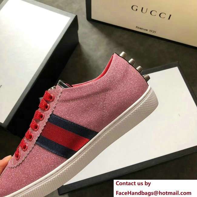 Gucci Web Ace Glitter Leather Low-Top Women's Sneakers 419544 Studs Pink 2018 - Click Image to Close