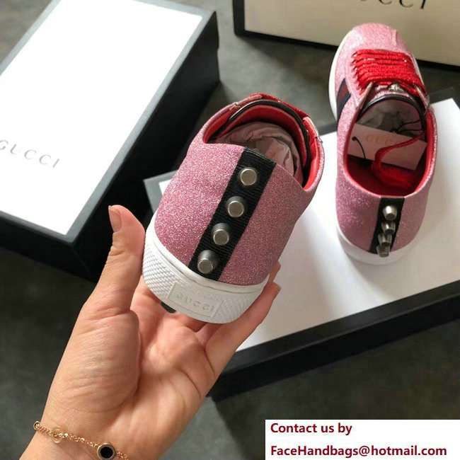 Gucci Web Ace Glitter Leather Low-Top Women's Sneakers 419544 Studs Pink 2018