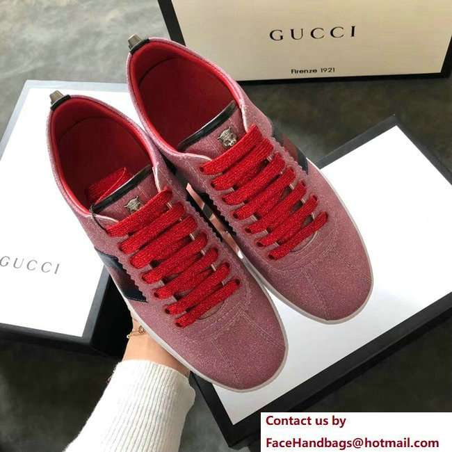 Gucci Web Ace Glitter Leather Low-Top Women's Sneakers 419544 Studs Pink 2018