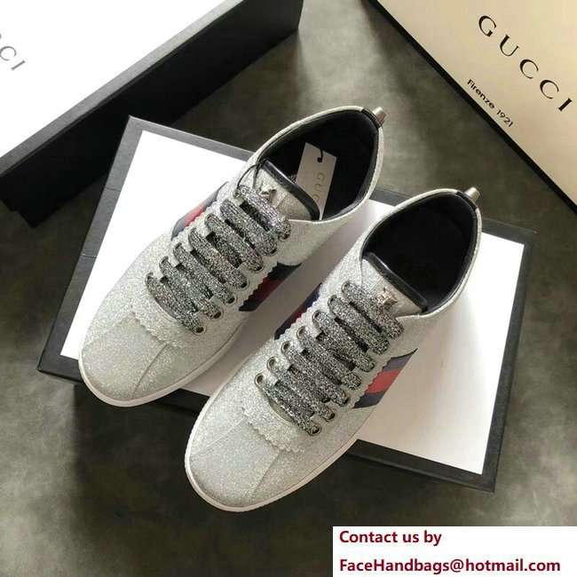 Gucci Web Ace Glitter Leather Low-Top Women's Sneakers 419544 Studs Silver 2018 - Click Image to Close