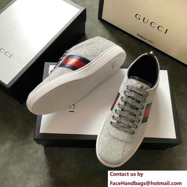 Gucci Web Ace Glitter Leather Low-Top Women's Sneakers 419544 Studs Silver 2018