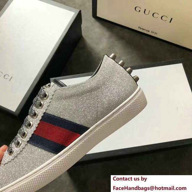 Gucci Web Ace Glitter Leather Low-Top Women's Sneakers 419544 Studs Silver 2018