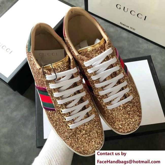 Gucci Web Ace Glitter Leather Low-Top Women's Sneakers 475213 Gold 2018 - Click Image to Close