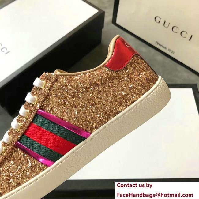 Gucci Web Ace Glitter Leather Low-Top Women's Sneakers 475213 Gold 2018