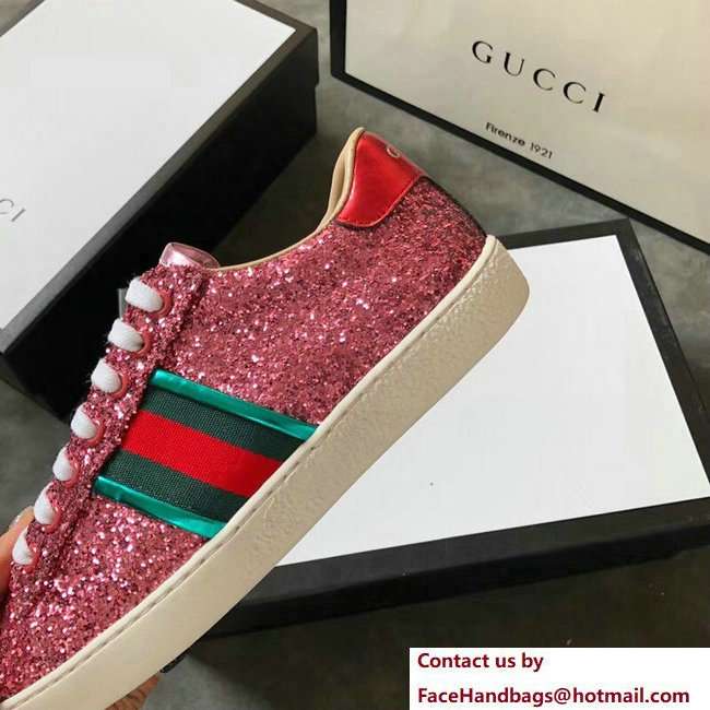 Gucci Web Ace Glitter Leather Low-Top Women's Sneakers 475213 Pink 2018 - Click Image to Close