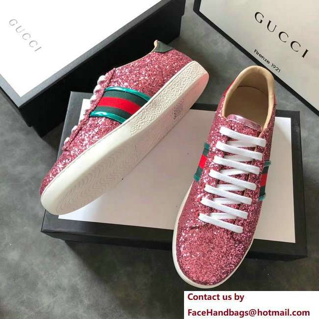 Gucci Web Ace Glitter Leather Low-Top Women's Sneakers 475213 Pink 2018