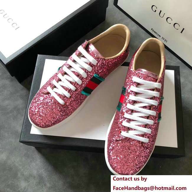 Gucci Web Ace Glitter Leather Low-Top Women's Sneakers 475213 Pink 2018 - Click Image to Close