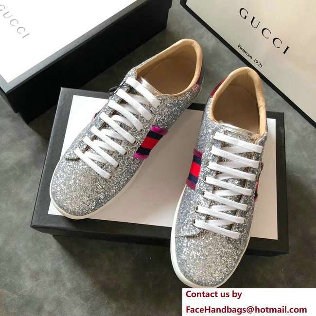 Gucci Web Ace Glitter Leather Low-Top Women's Sneakers 475213 Silver 2018 - Click Image to Close