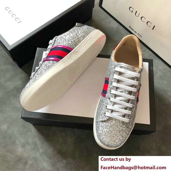 Gucci Web Ace Glitter Leather Low-Top Women's Sneakers 475213 Silver 2018 - Click Image to Close