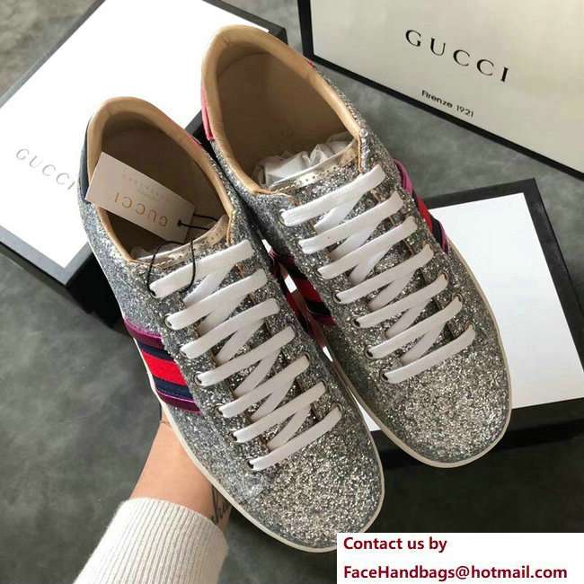Gucci Web Ace Glitter Leather Low-Top Women's Sneakers 475213 Silver 2018