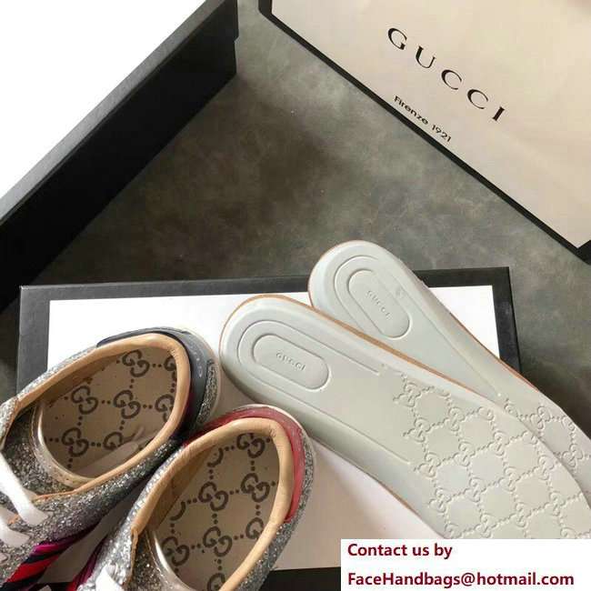 Gucci Web Ace Glitter Leather Low-Top Women's Sneakers 475213 Silver 2018
