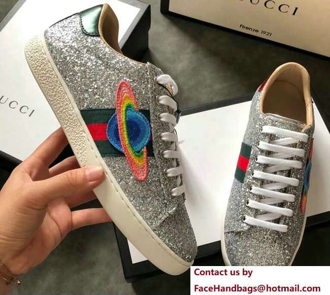 Gucci Web Ace Glitter Leather Low-Top Women's Sneakers 475213 Silver Planet 2018 - Click Image to Close
