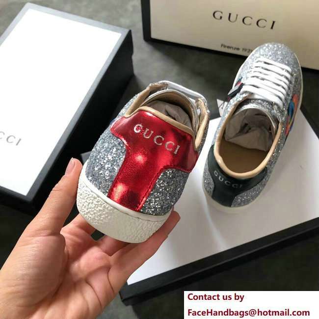 Gucci Web Ace Glitter Leather Low-Top Women's Sneakers 475213 Silver Planet 2018 - Click Image to Close