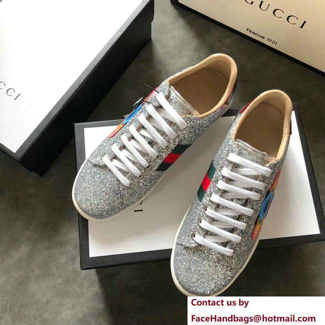 Gucci Web Ace Glitter Leather Low-Top Women's Sneakers 475213 Silver Planet 2018