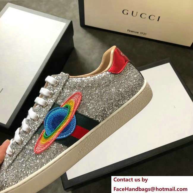 Gucci Web Ace Glitter Leather Low-Top Women's Sneakers 475213 Silver Planet 2018