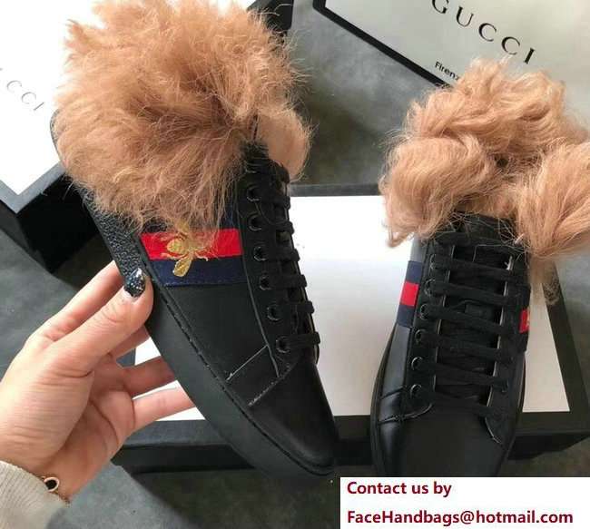 Gucci Web Embroidered Bee Ace Leather Low-Top Lovers Sneakers Black with Wool 2018