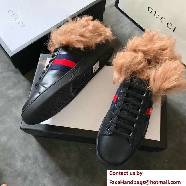 Gucci Web Embroidered Bee Ace Leather Low-Top Lovers Sneakers Black with Wool 2018