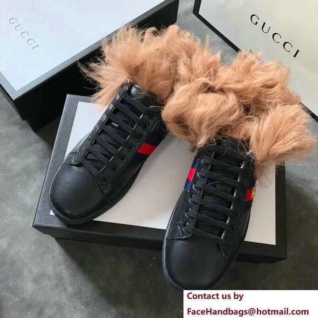 Gucci Web Embroidered Bee Ace Leather Low-Top Lovers Sneakers Black with Wool 2018 - Click Image to Close