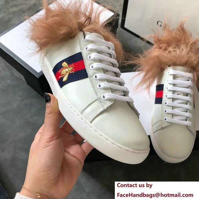 Gucci Web Embroidered Bee Ace Leather Low-Top Lovers Sneakers Creamy with Wool 2018 - Click Image to Close