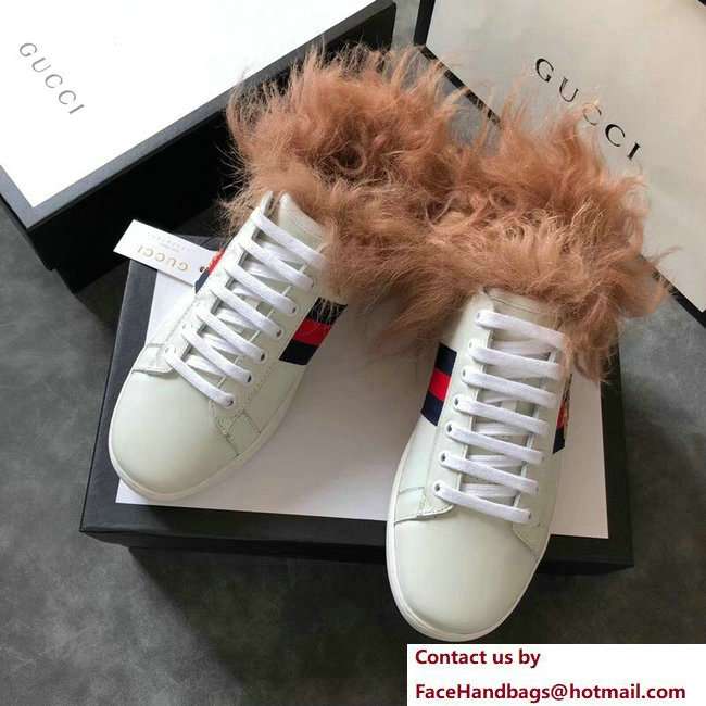 Gucci Web Embroidered Bee Ace Leather Low-Top Lovers Sneakers Creamy with Wool 2018 - Click Image to Close