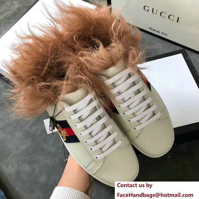 Gucci Web Embroidered Bee Ace Leather Low-Top Lovers Sneakers Creamy with Wool 2018