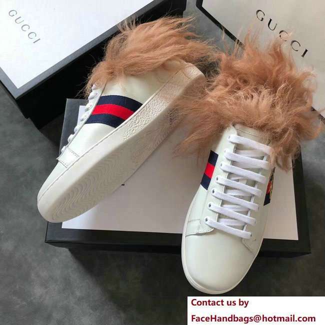 Gucci Web Embroidered Bee Ace Leather Low-Top Lovers Sneakers Creamy with Wool 2018