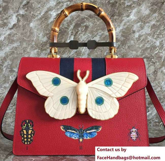 Gucci Web Insect Leather Medium Top Handle Bag 488691 Red 2018 - Click Image to Close