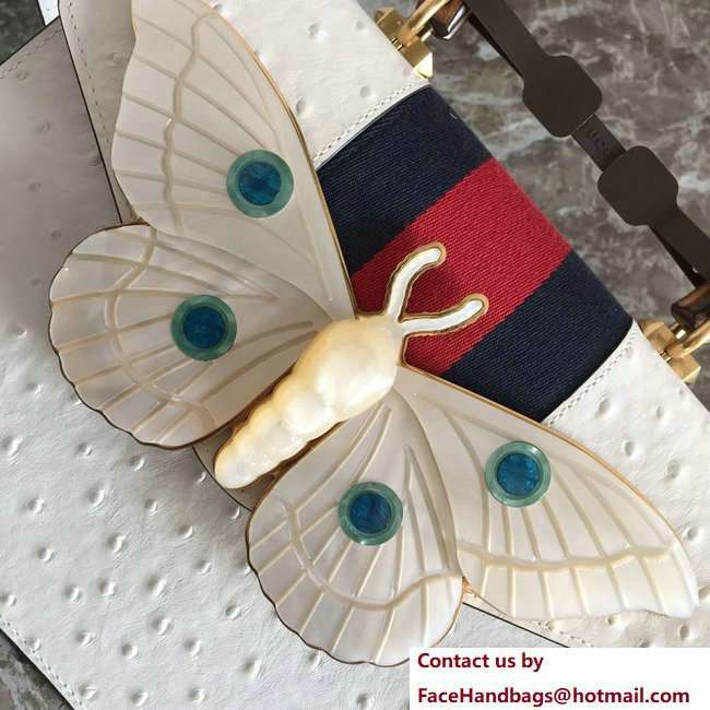 Gucci Web Moth Ostrich Pattern Medium Top Handle Bag 488691 White 2018