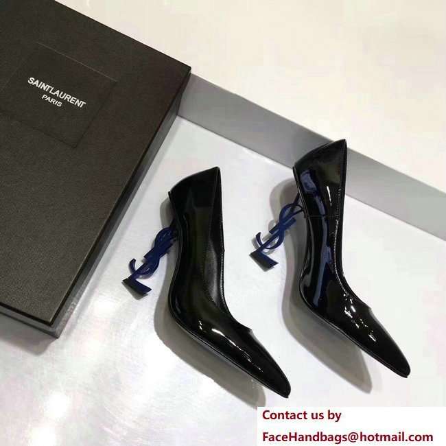Saint Laurent Patent Leather With 11cm YSL Signature Heel Pump 472011 Black/Blue - Click Image to Close
