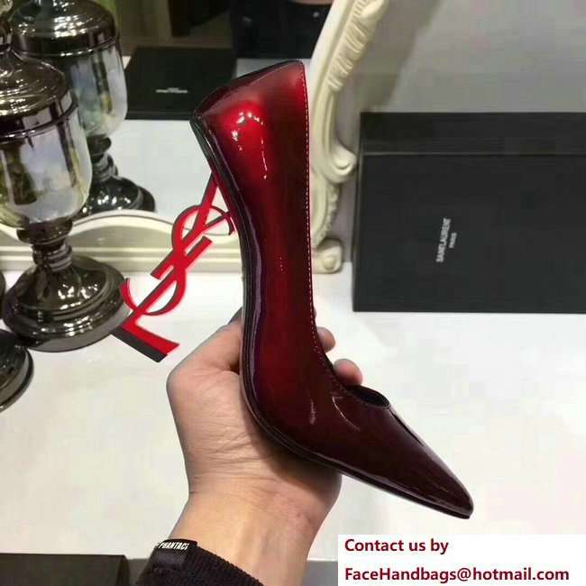 Saint Laurent Patent Leather With 11cm YSL Signature Heel Pump 472011 Burgundy/Red - Click Image to Close
