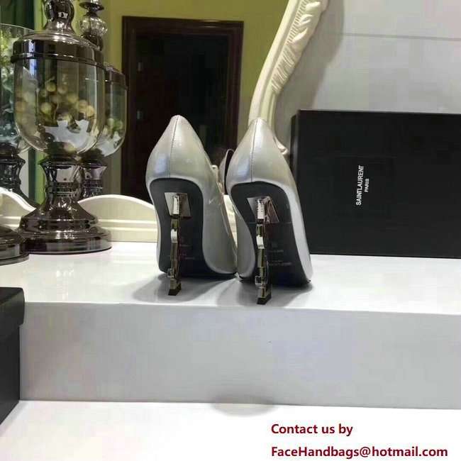 Saint Laurent Patent Leather With 11cm YSL Signature Heel Pump 472011 Silver/Black - Click Image to Close