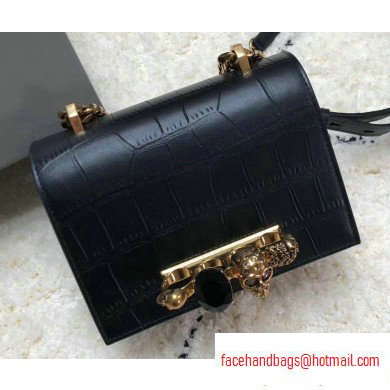 Alexander Mcqueen Small Jewelled Satchel Bag Embossed Croc Black/Gold - Click Image to Close