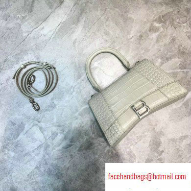 Balenciaga Hourglass Small Top Handle Bag in Crocodile Embossed Calfskin Off White