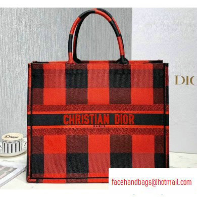 Dior Book Tote Bag in Embroidered Canvas Check Red