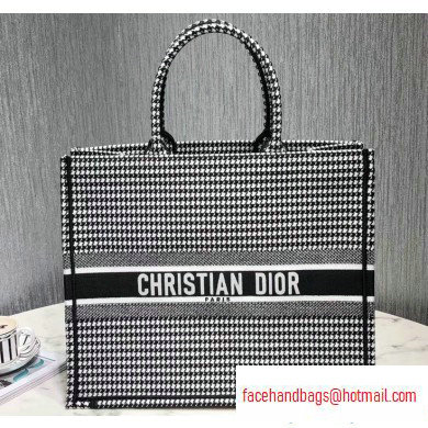 Dior Book Tote Bag in Embroidered Canvas Houndstooth Black/White