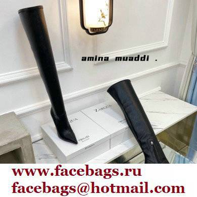 Amina Muaddi Clear Heel 9.5cm Leather Thigh-High Boots Black 2021 - Click Image to Close