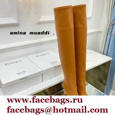 Amina Muaddi Clear Heel 9.5cm Leather Thigh-High Boots Brown 2021