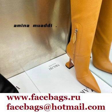 Amina Muaddi Clear Heel 9.5cm Leather Thigh-High Boots Brown 2021 - Click Image to Close