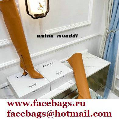 Amina Muaddi Clear Heel 9.5cm Leather Thigh-High Boots Brown 2021 - Click Image to Close