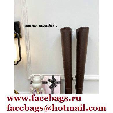 Amina Muaddi Clear Heel 9.5cm Leather Thigh-High Boots Coffee 2021 - Click Image to Close