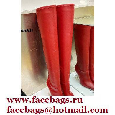 Amina Muaddi Clear Heel 9.5cm Leather Thigh-High Boots Red 2021 - Click Image to Close