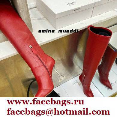Amina Muaddi Clear Heel 9.5cm Leather Thigh-High Boots Red 2021