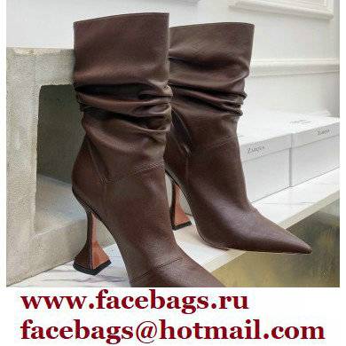 Amina Muaddi Heel 9.5cm Ida Leather Scrunched Boots Brown 2021 - Click Image to Close