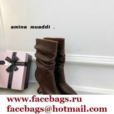 Amina Muaddi Heel 9.5cm Ida Leather Scrunched Boots Coffee 2021