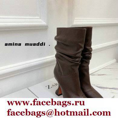 Amina Muaddi Heel 9.5cm Ida Leather Scrunched Boots Coffee 2021 - Click Image to Close