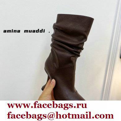 Amina Muaddi Heel 9.5cm Ida Leather Scrunched Boots Coffee 2021 - Click Image to Close